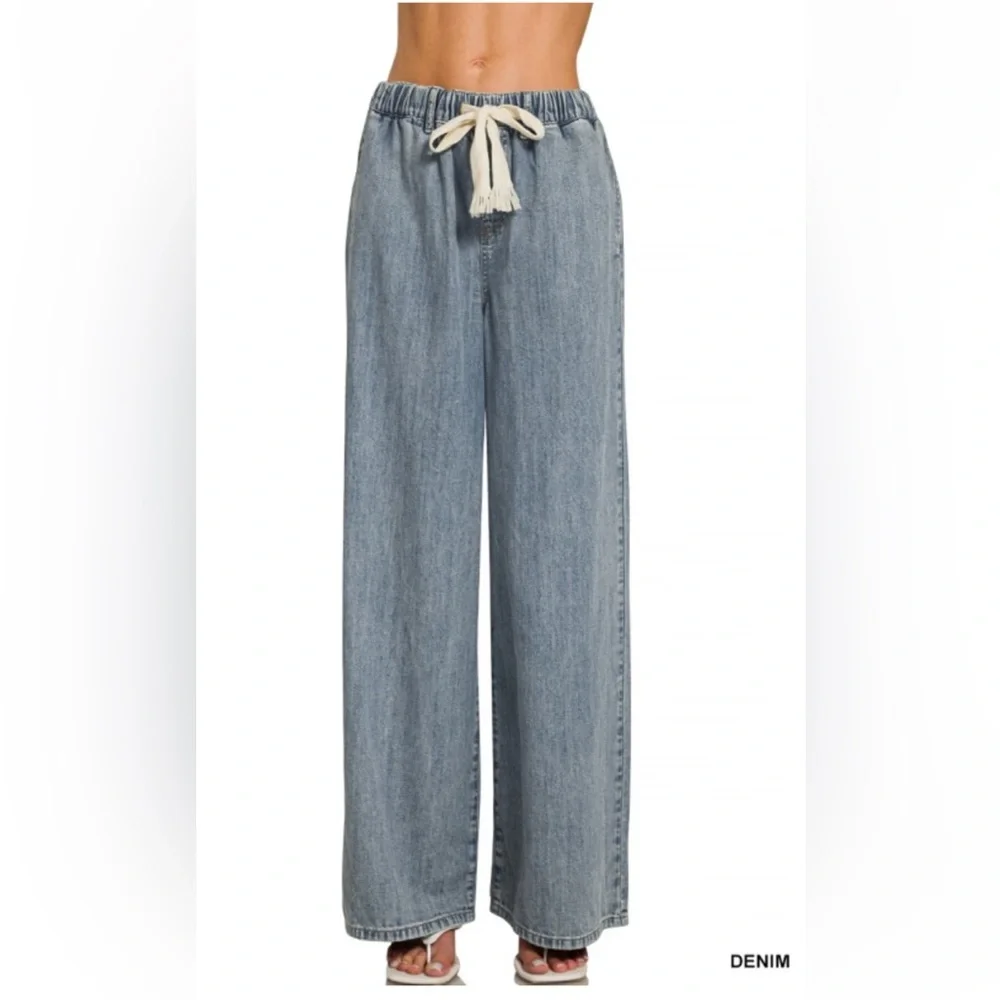 Zenana Wide Leg Denim Pants Drawstring Elastic Waist High Rise Medium NWT - Picture 10 of 13